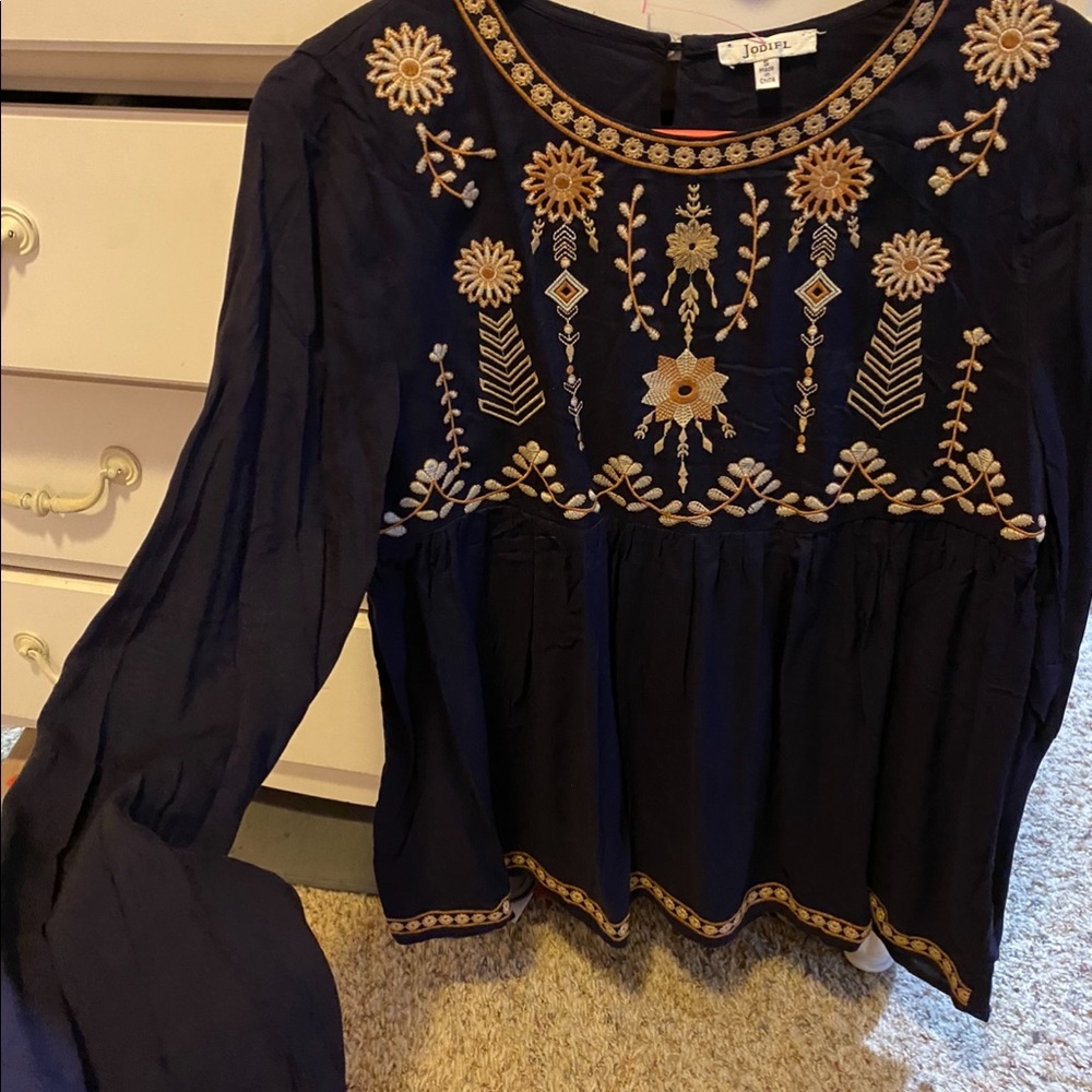 Navy + Gold Embroidered Blouse